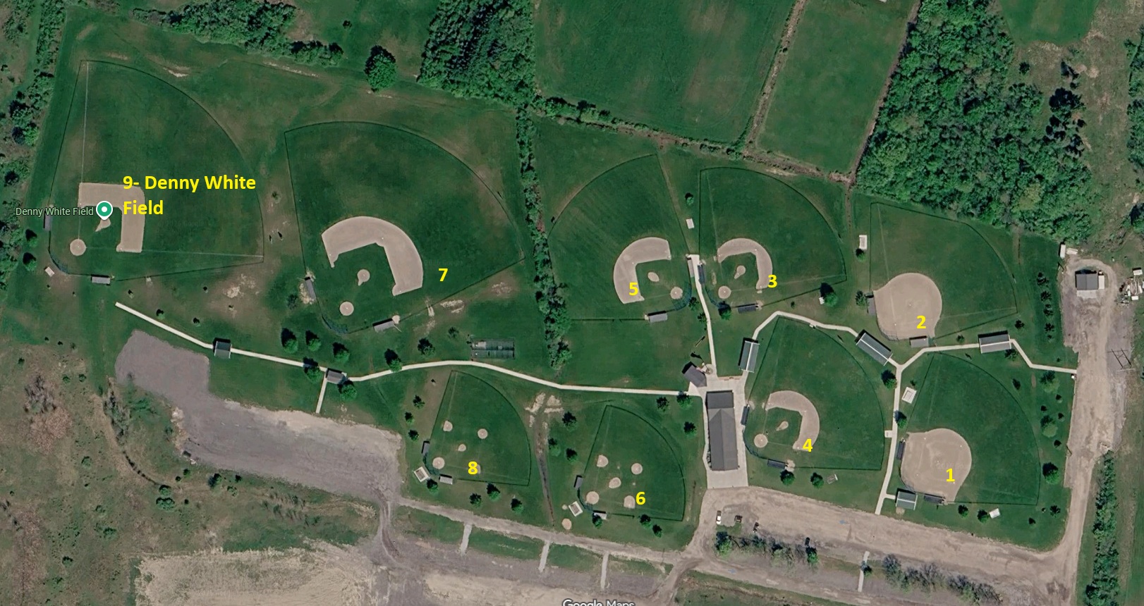 Aerial layout of St. Clair Little League Legacy Fields with fields 1 through 9 labeled